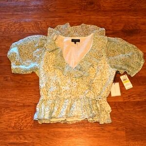 1. State Crossover Front Blouse Sz. Med. Green Florals Puff Sleeves/Ruffle Neck